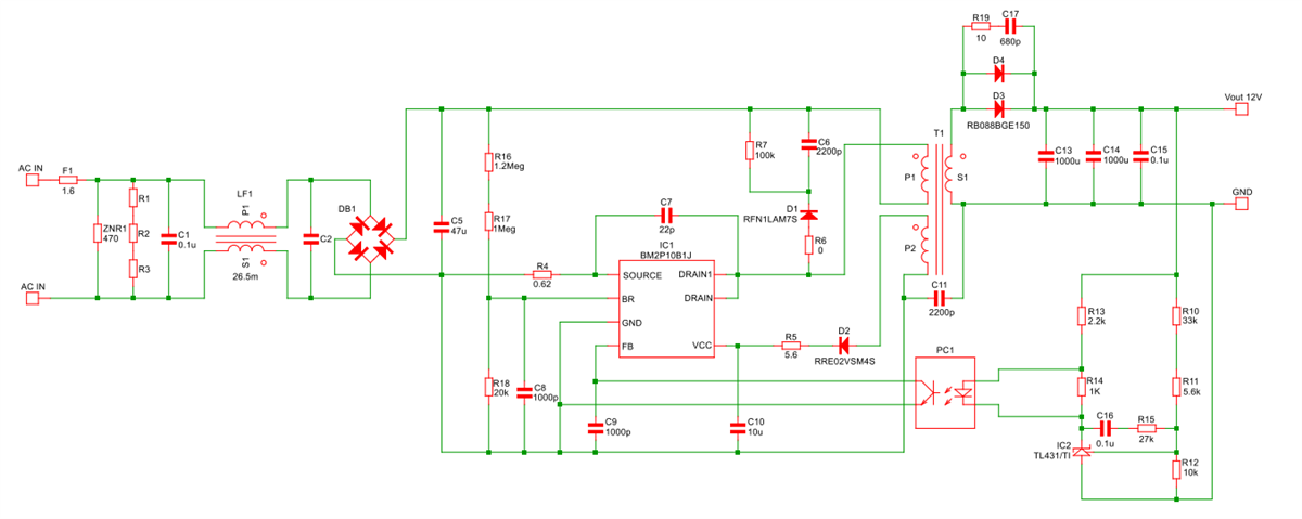 应用电路图 - ROHM Semiconductor BM2P10B1J-EVK-001评估板